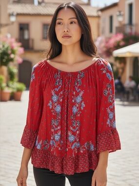 Style & Co. Red Tunic with Blue Floral Print